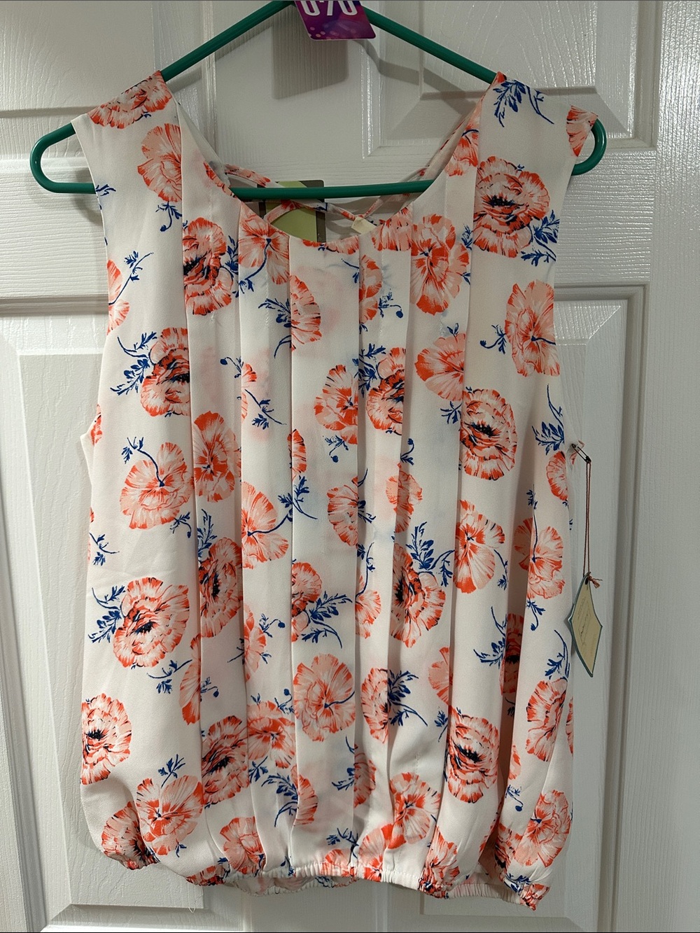 Meadow Rue Cream Floral Sleeveless Tank with Coral & Blue Accents